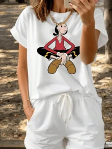 Camiseta Casual Estampado Personaje Cómic Retro Cuello Redondo Básica Estilo Vintage Rock Urbano Moda Streetwear Ropa de Mujer  Alternativo - Blanco - Ver 1