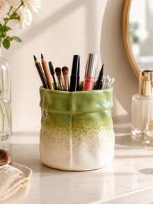 1pc Ins Cream Crinkled Paper Bag Ceramic Storage Cup, 3 Colors Peach Pink Cream White Gradient Green, Multi-Functional Makeup Brush Holder Pen Mini Dried Flower Vase, Aesthetic Decor For Vanity Desk Bathroom Sink Entryway Office Airbnb Home - Paper Bag Beauty Storage - View 9