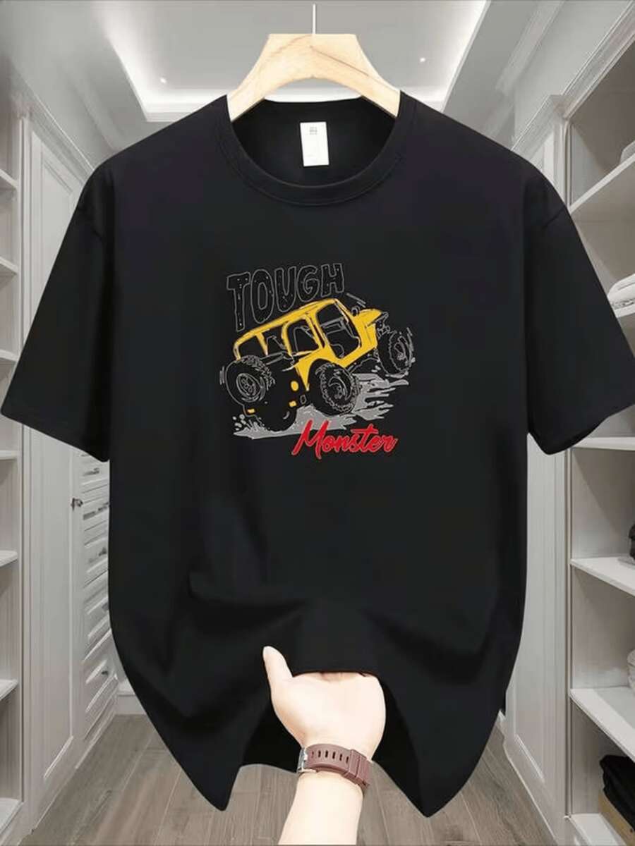A Yellow SUV Climbing Rough Terrain Symbolizes Extreme Adventure, Unstoppable Strength, And A Bold Spirit On This Rugged Men's T-Shirt. - الأسود - مشاهدة 1