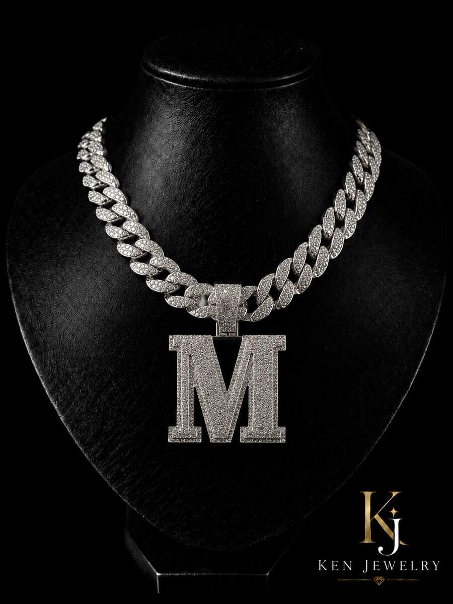 Rhinestone Large Letter M Pendant Cuban Chain, Men's Hip Hop Shiny Diamond Necklace Jewelry - M Pendant Necklace - View 1