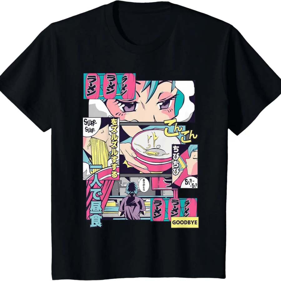 Camiseta de alta calidad con diseño de chica de anime de ramen estilo vintage japonés de los 90s, producto estrella de streetwear unisex - Negro - Ver 1