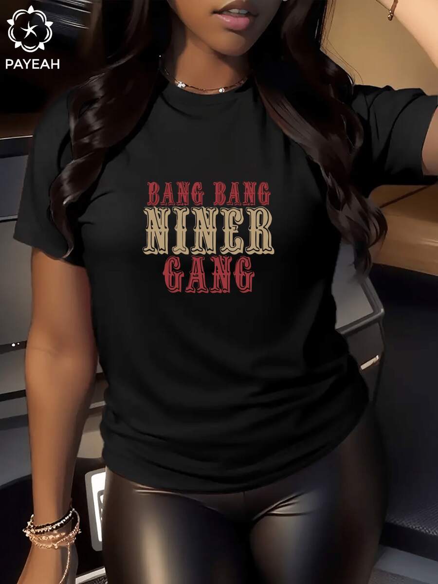 Payeah Women's Short Sleeve T-Shirt 1Pcs Bang Bang Niner Gang With Digital Print, 100% Cotton, 180g - 黑色 - 查看 1