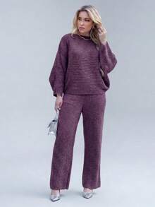 Women's Cold Weather Set In Ribbed Mousse Knit - Oversized Blouse And Pants | Fits Sizes 36 To 44 | Textured Pattern | Wool-Like Fabric | Drawstring Pocket | Women's Clothing | Daily Wear | Autumn/Winter - Eggplant - View 1