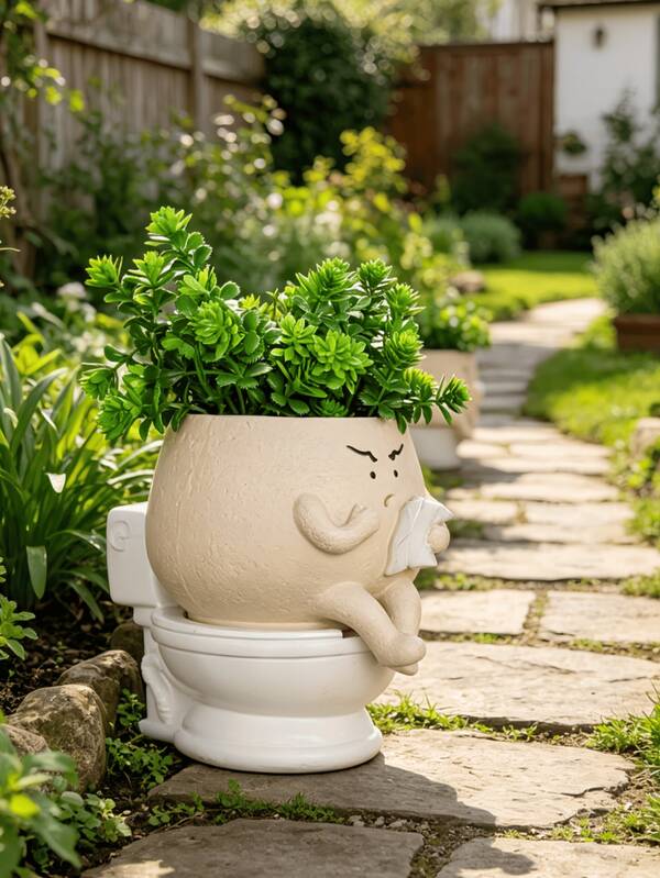 1pc Funny Toilet Shaped Planter With Drainage Hole, Cute Self-Watering Pot For Indoor Plants, Suitable For Succulents, Unique Head-Shaped Planter, Novelty Gift For Birthday And Christmas | Suitable For Bedroom, Patio, Cafe, Porch, Desktop Decoration