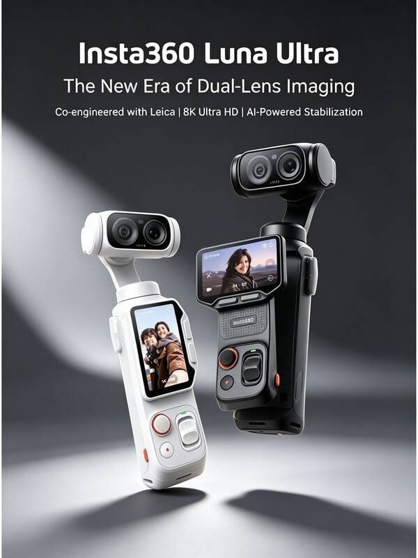 Insta360 The Luna Ultra 8K Leica Dual-Lens Gimbal Camera Features A 1-Inch Sensor With Built-In Beauty Mode, AI Triple-Core Tracking Technology, And Handheld Gimbal Stabilization For Cinematic Travel Vlogs.