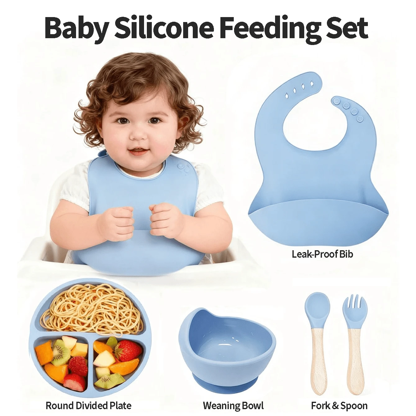 Juego de Alimentación para Bebé de 5 Piezas de Silicona | Plato Dividido con Ventosa, Cuenco para Destete, Babero y Utensilios de Fácil Agarre, Alimentación Guiada para Bebés de 6M+ , Regalo Ideal para el Día de la Independencia - Multicolor - Ver 1