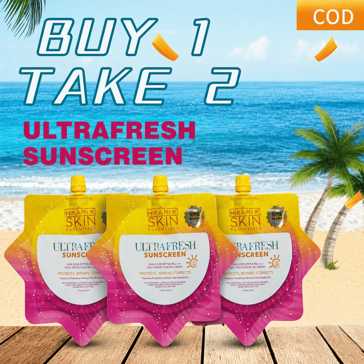 HIKARI UltraFresh SPF50 PA++++ 防曬凝膠乳霜 (50ml) - 高防護、輕盈、不黏膩、防水,適合所有膚質,提亮,臉部與身體日常使用 - 3pcs - 查看 1