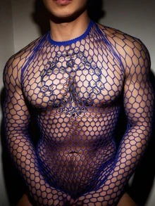 男士同志性感內衣外穿內褲，緊身連身衣，魚網透視肌肉上衣，長袖彈性網紗T恤，夜店派對T恤 - 藍色 - 查看 1