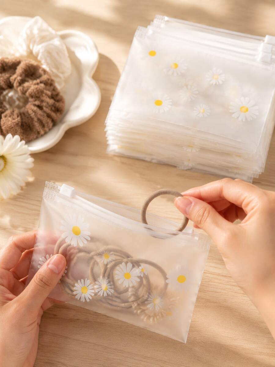 100pcs Creative Daisy Transparent Frosted Zipper Storage Bags, Portable Jewelry And Small Accessories Organizer, Waterproof Frosted Travel Storage Bag, Suitable For Earrings, Rings, Cosmetics, Home And Travel Use, New Year, Back To School Gift
