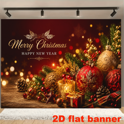 2D Flat Christmas & New Year Theme Banner Background, Red & Gold Color Scheme, Featuring "Merry Christmas" And "HAPPY NEW YEAR" Text, Decorated With Christmas Balls, Pine Cones, Holly Branches, Gift Boxes, Candles And Other Elements, Made Of Polyester Material, No Power Required, Suitable For Indoor/Outdoor Celebrations, Can Be Used As Multi-Functional Wall Decor, Photo Backdrop, Applicable For Home Gatherings, Office Events, Outdoor Parties, Studio Setup, Holiday Gift Giving, Lightweight And Easy To Hang, Decorative Effect Full Of Rich Holiday Atmosphere