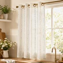 NOSBEI 2PCS/1PC Grommet Top Tier Sheer Window Curtain, Multi-Tone Green Vertical Stripe Light Permeable Drape, Lightweight Woven Texture Neutral Farmhouse Style For Bathroom Counter Window - Green - View 5