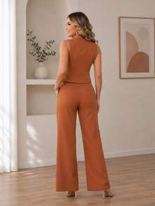 Women's Set: Vest With Tailored Trousers, Chic Formal - Camel - View 3