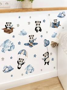 2pcs Watercolor Cartoon Panda Wall Stickers, Pilot Airplane/Panda Holding Bamboo With Clouds And Stars Pattern, Self-Adhesive Removable PVC Decals, Suitable For Living Room, Bedroom Or Early Education Classroom DIY Wall Decoration - Wall Stickers - View 4