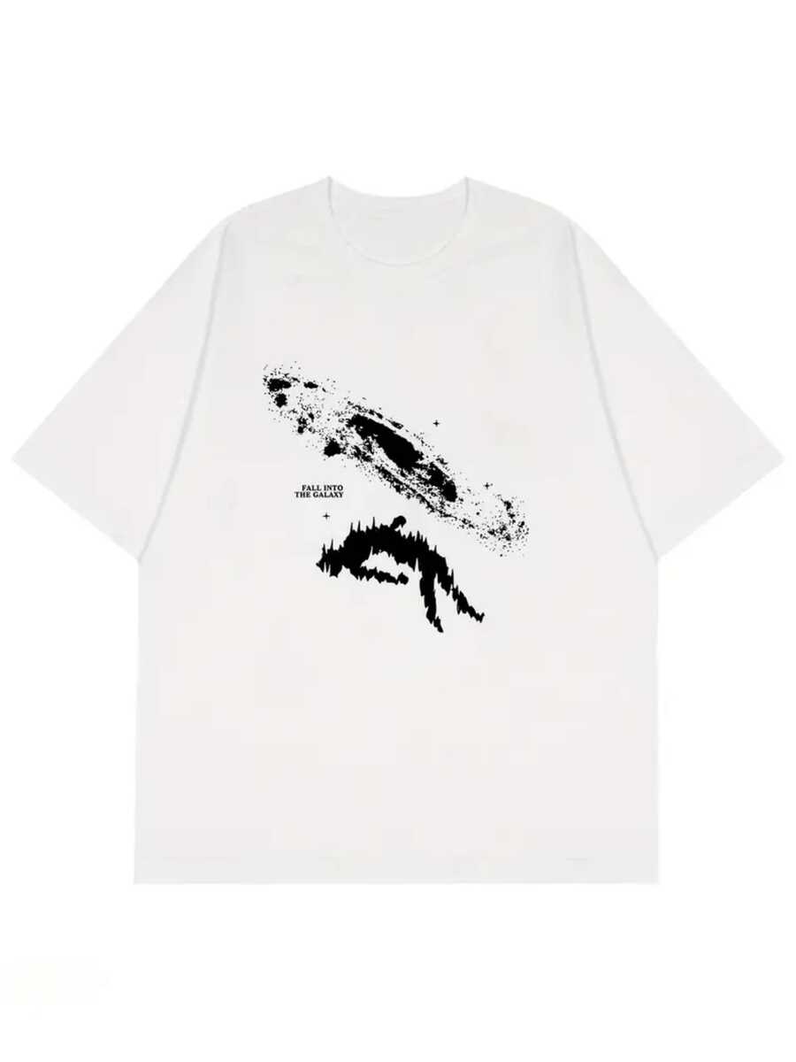 Silueta humana cayendo hacia una galaxia espiral brillante que representa la inmensidad del cosmos profundo camiseta de hombre cómoda - Blanco - Ver 1