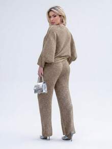 Women's Cold Weather Set In Ribbed Mousse Knit - Oversized Blouse And Pants - Fits Sizes 36 To 44 - Textured Pattern - Wool-Like Fabric - Pocket - Drawstring - Women's Clothing - Daily Wear - Autumn/Winter - Dark Beige - View 1