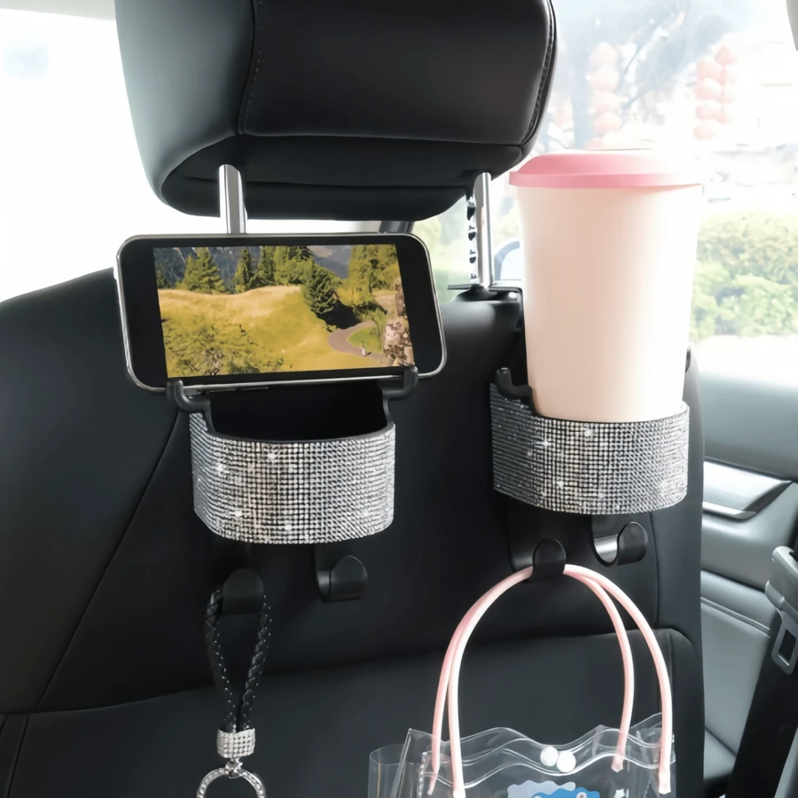1件裝新款水鑽多功能汽車座椅收納袋,附杯架、2合1車用掛鉤,易安裝,耐用ABS材質,方便攜帶 - 鑲鑽收納杯架 - 查看 1