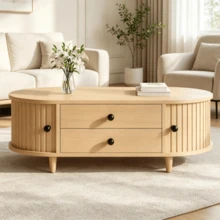 Table basse ronde avec portes enroulables, table basse à 2 tiroirs, table d'appoint, table de salon en MDF, console avec pieds en bois massif, 100 * 50 * 36 cm, charge maximale 50 kg - Bois naturel - Voir 3