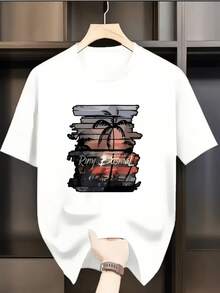 Camiseta con Estampado Retro de Palmera al Atardecer de Under The Radar, Estilo Casual y Fresco, Manga Corta, Premium, Transpirable, Versátil para Verano - Vin - Blanco - Ver 1