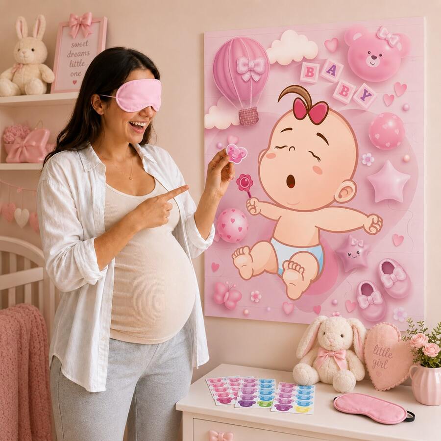 1套嬰兒派對遊戲，包含賓客印花海報、眼罩與奶嘴貼紙，可愛奶嘴別針遊戲道具，適用於性別揭曉與生日派對