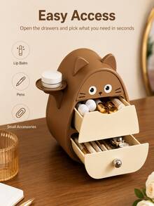Cute Desktop Organizer With Drawer And Side Tray, Multi-Functional Storage Container For Cosmetics, Stationery And Small Items, Suitable For Room Decor - Multicolor - View 11