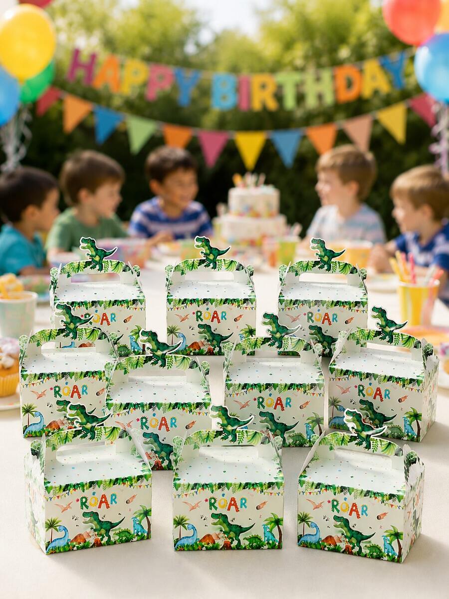 2/12/24pcs Dinosaur Party Favor Boxes With Handles, Roaring Birthday Snack Boxes, Cartoon Jungle Candy Gift Boxes, Suitable For Boys Children Birthday Party, Safari Party Supplies - Cute Dinosaur Gift Box - View 1