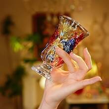 2件裝優雅高腳紅酒杯，透明底座，適合居家、用餐與派對，耐用易清洗玻璃材質，酒類愛好者理想禮物，派對飲具，裝飾設計，精緻花紋 - 彩色 - 查看 5