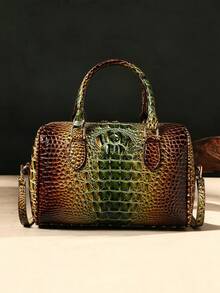 Gradient Crocodile Pattern Boston Handbag For Women, High-End Large Capacity Pillow Bag, Vintage Versatile Shoulder Crossbody Commuter Tote Bag - Green - View 4