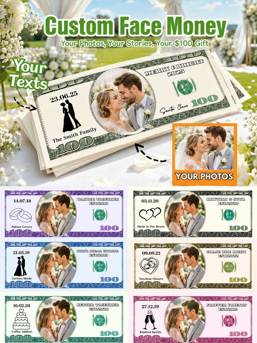 客製化人臉美鈔,情侶新奇金錢禮物,婚禮用品,派對用品,婚禮伴手禮,新娘婚前派對裝飾,單身女郎派對禮物,訂婚派對裝飾,客製化照片紀念品,幽默婚禮禮物,非貨幣道具 - 多色-2 - 查看 1
