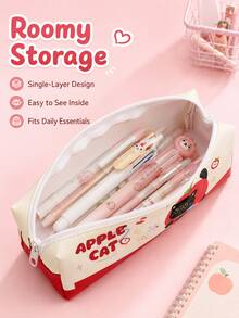 Trousse à crayons en PU Chat Pomme mignon, sac de rangement de papeterie léger avec fermeture éclair pour étudiants, pochette à crayons imprimée chat noir de dessin animé japonais, 4 styles envoyés aléatoirement 1, sac de rangement pour l'école et le bureau - Chaton Pomme (un des quatre modèles sera sélectionné au hasard) - Voir 2