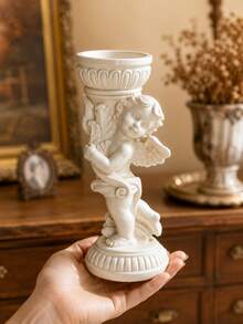 European Retro Cream White, Winged Cherub Pillar Shape, Carved Roman Base & Scroll Wing Detail, Pillar Candle Stand For Table Decor, Wedding Centerpiece, Valentine & Christmas Gift - Angel - View 5