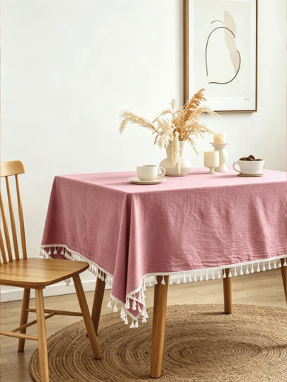 1/16PCS Casual Minimalist Solid Color Wrinkled Texture Tassel Tablecloth, Skin-Friendly Washable Reusable, Suitable For Living Room, Dining Room, Party, Wedding, Birthday, Holiday, Valentine's Day, Gathering, Home Daily Use, Decorating Coffee Table And Nightstand