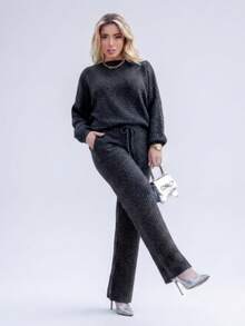 Women's Cold Weather Set In Ribbed Mousse Knit - Oversized Blouse And Pants | Fits Sizes 36 To 44 | Textured Pattern | Wool-Like Fabric | Drawstring Pocket | Women's Clothing | Daily Wear | Autumn/Winter - Dark Grey - View 1
