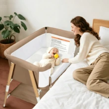 3 In 1 Baby Bedside Bassinet, Portable Travel Crib With Wheels,Adjustable 5 Height,Mattress,Mosquito Net,Basket,Carry Bag,Khaki - Khaki - View 1