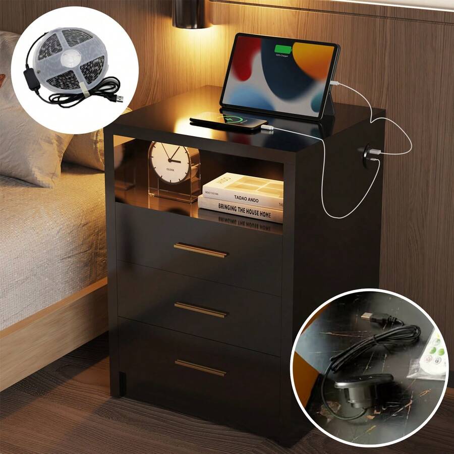 OYAJIA High Gloss Bedside Table With LED Light & Charging Station, 2/3 Drawers Sofa Side Table With 2 USB Ports, Modern Nightstand With Compact Storage For Bedroom, Living Room - Black - View 1