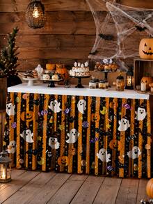 1件裝萬聖節黑橘條紋幽靈南瓜糖果印花桌裙，可愛蝙蝠與星星派對桌布飾邊裝飾，適用於不搶糖糖果桌、生日甜點桌、廚房餐廳、居家派對、節日拍照背景、萬聖節裝飾、房間佈置、廚房必需品 - 彩色 - 查看 3
