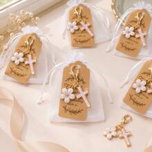 60pcs/20sets Cross Keychain Party Favors, Includes Organza Bags And Thank You Cards, Suitable For Baptism, Christening, First Communion, Wedding, Baby Shower Guest Gifts - Pink Flowers - View 6