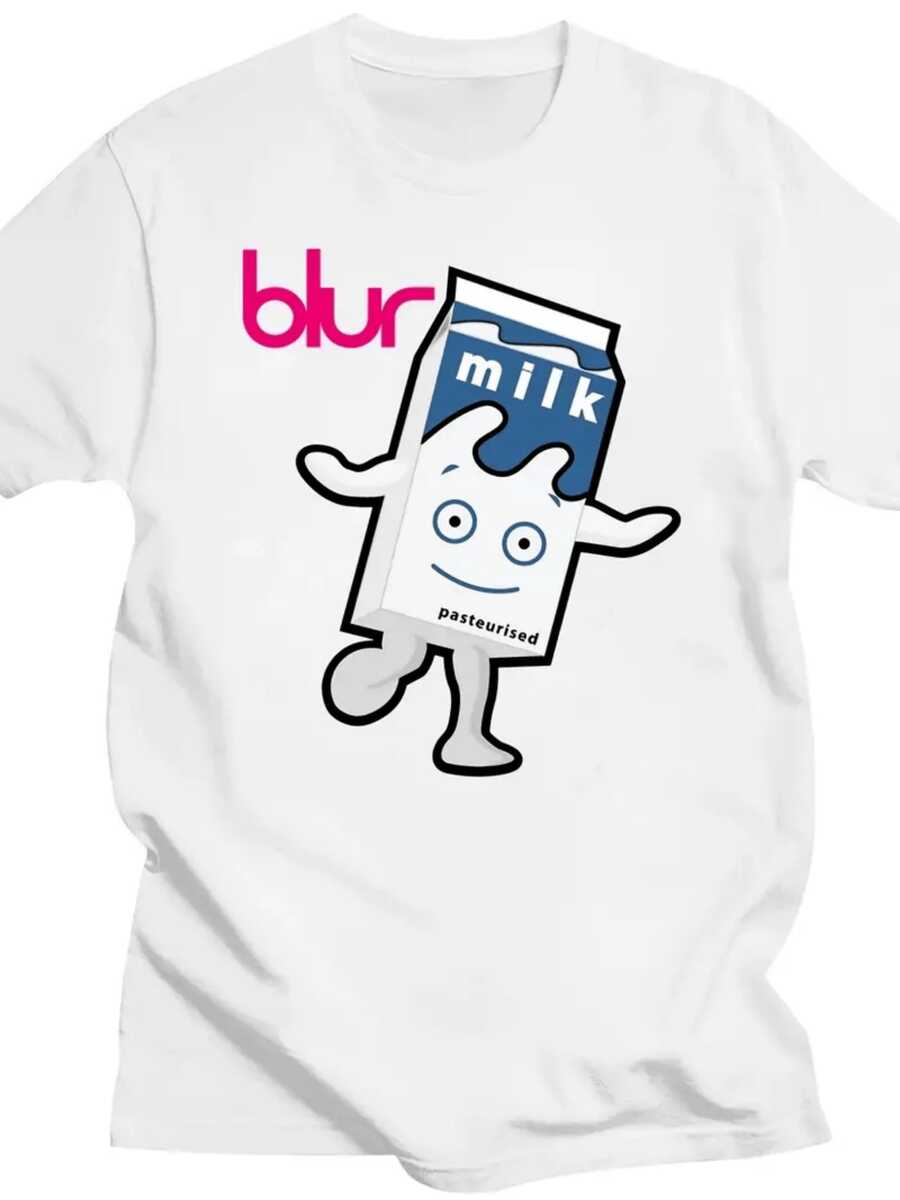 Envase de leche antropomorfo que baila alegre representa la icónica portada musical de la famosa banda Blur en esta cómoda camiseta de hombre - Blanco - Ver 1