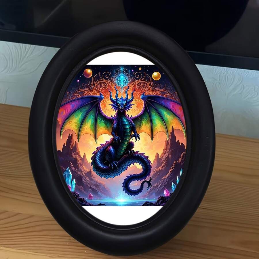1件裝魔幻霓虹幻想龍圖案裝飾相框，黑色相框牆面藝術裝飾，星空與風景設計，適合嬰兒房裝飾與居家生活空間展示