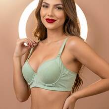 High-Waisted, Wide-Sided, Slimming Bra In Floral Lace, Polyamide Fabric, Underwire And Padding, Non-Removable Compression, Push-Up Bra, Maximum Support. - Mint Green - View 5