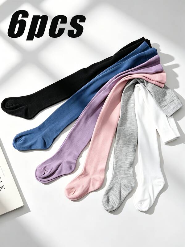 6 Pairs Kids Solid Color Tights, Soft Comfortable Knitted Girls Leggings, Multi-Color Options To Match Various Dresses Basic Tights