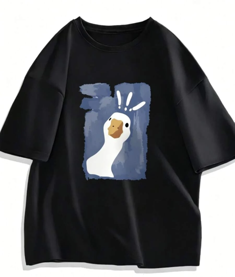 Camiseta casual de manga corta y cuello redondo con estampado de pato para hombre, verano - Negro - Ver 1