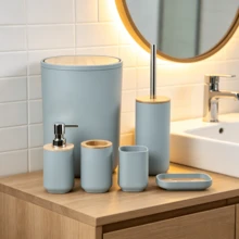 1pc, 4pcs, 6pcs Light Blue Bamboo Lid Bathroom Accessories, Including - Trash Can, Toilet Brush, Soap Dispenser, Toothbrush Holder, Toothbrush Rack, Soap Dish, Suitable For - Bathroom, Apartment, Rental Home - Multicolor - View 3