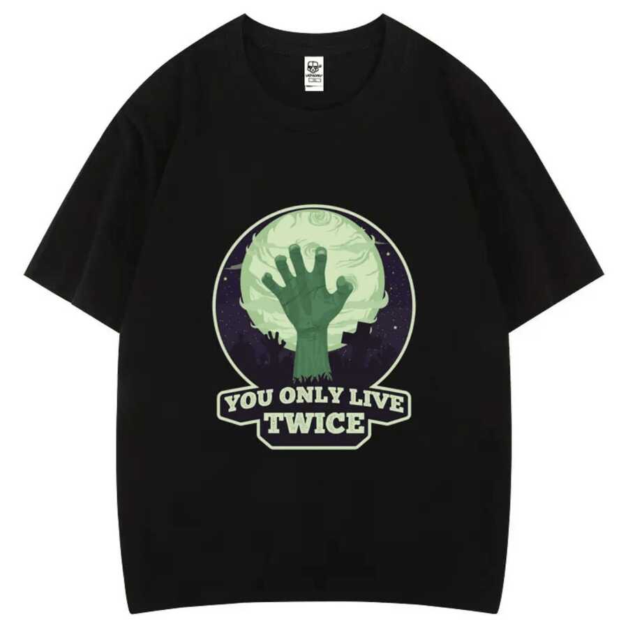 Camiseta de algodón con estampado de calavera y zombi "You Only Live", cómoda y retro, estilo hipster y de ocio, nueva llegada Y2K - Negro - Ver 1