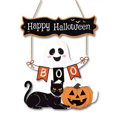 Halloween "Ghost Black Cat Pumpkin" Wooden Hanging Decor, Holiday Welcome Sign, Wall & Door Wreath Decoration, Suitable For Home, Outdoor Wall & Porch Decor, Garden Decoration, Wall Decoration, Outdoor Decoration, Room Decoration, Aesthetic Home Decor