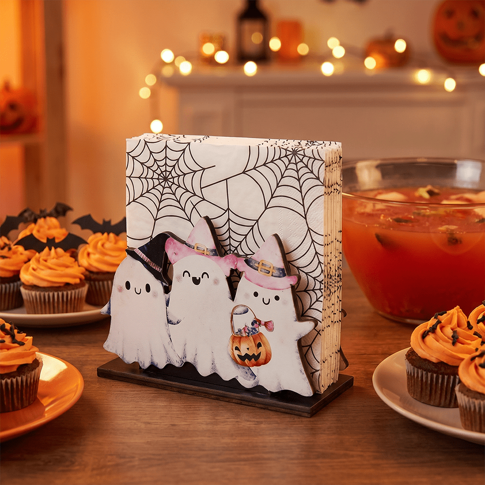 1/4pcs Cute Pumpkin Ghost Witch Cat Wooden Tabletop Napkin Holder, Suitable For Kitchen, Dining Table, Living Room Home Decor, And Halloween Party Gift.