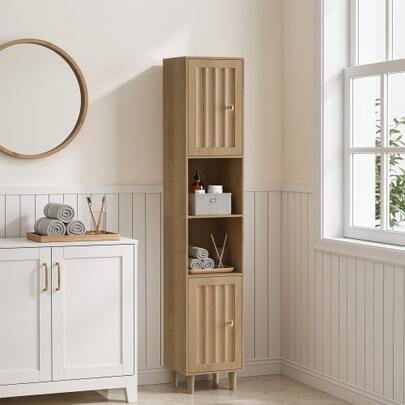 Armoire haute/meuble pour machine à laver, meuble de salle de bain avec portes et étagères ouvertes, meuble de rangement étroit en bois pour buanderie, balcon, salle de bain, cuisine, autoportant, aspect chêne