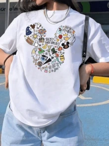 Oversize Camiseta con Diseño de Corazón Caricatura Manga Corta Cuello Redondo Moda Juvenil Estilo Japonés Kawaii Urbano Uso Diario Aesthetic Verano Blusa - Blanco - Ver 1