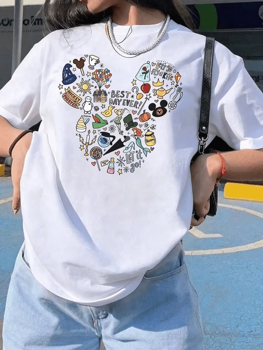 Oversize Camiseta con Diseño de Corazón Caricatura Manga Corta Cuello Redondo Moda Juvenil Estilo Japonés Kawaii Urbano Uso Diario Aesthetic Verano Blusa - Blanco - Ver 1