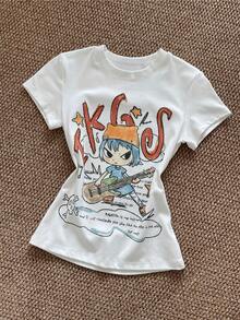Girl With Blue Hair Playing Guitar Surrounded By Red Letters Symbolizing Youthful Energy And Rebellion, Modern Casual Women's T-Shirt Comfortable For Everyday Wear - 白色 - 查看 1