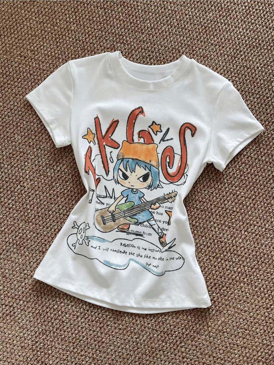 Girl With Blue Hair Playing Guitar Surrounded By Red Letters Symbolizing Youthful Energy And Rebellion, Modern Casual Women's T-Shirt Comfortable For Everyday Wear - 白色 - 查看 1